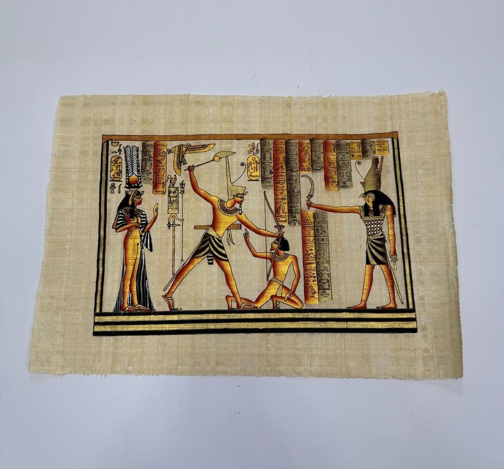 Vtg Egyptian Papyrus Painting Hand Painted Pharaoh Smiting Enemies Art